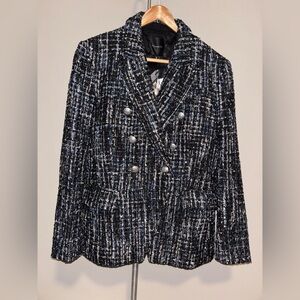 Dynamite Black, Blue, and White Double-Breasted Tweed Blazer